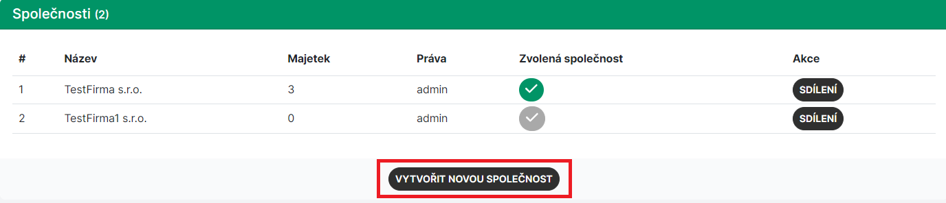 Vytvoření nové společnosti.